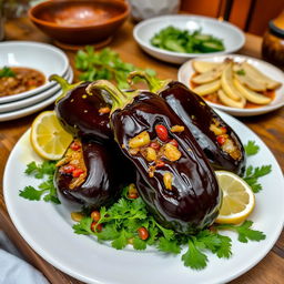 A beautifully presented plate of İmam Bayıldı, a traditional Turkish dish made with whole eggplants stuffed with a savory mixture of onions, garlic, and tomatoes, all delicately spiced and drizzled with olive oil