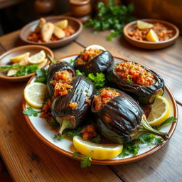 A beautifully presented plate of İmam Bayıldı, a traditional Turkish dish made with whole eggplants stuffed with a savory mixture of onions, garlic, and tomatoes, all delicately spiced and drizzled with olive oil