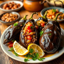 A beautifully presented plate of İmam Bayıldı, a traditional Turkish dish made with whole eggplants stuffed with a savory mixture of onions, garlic, and tomatoes, all delicately spiced and drizzled with olive oil