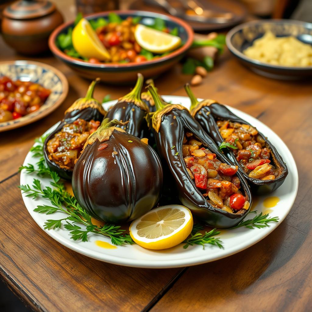 A beautifully presented plate of İmam Bayıldı, a traditional Turkish dish made with whole eggplants stuffed with a savory mixture of onions, garlic, and tomatoes, all delicately spiced and drizzled with olive oil