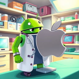 A whimsical illustration featuring the Android logo, a green friendly robot, dressed in a doctor's outfit, complete with a white lab coat and a stethoscope