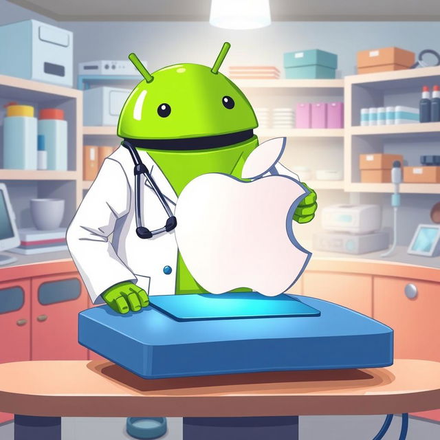 A whimsical illustration featuring the Android logo, a green friendly robot, dressed in a doctor's outfit, complete with a white lab coat and a stethoscope