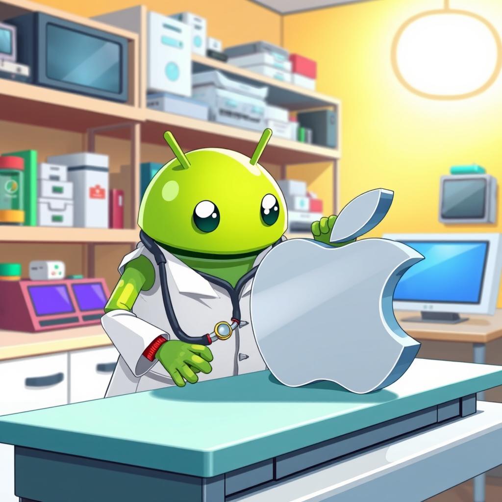 A whimsical illustration featuring the Android logo, a green friendly robot, dressed in a doctor's outfit, complete with a white lab coat and a stethoscope
