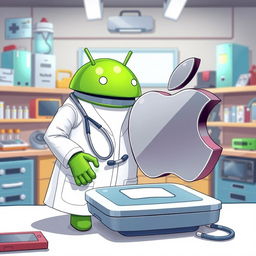 A whimsical illustration featuring the Android logo, a green friendly robot, dressed in a doctor's outfit, complete with a white lab coat and a stethoscope