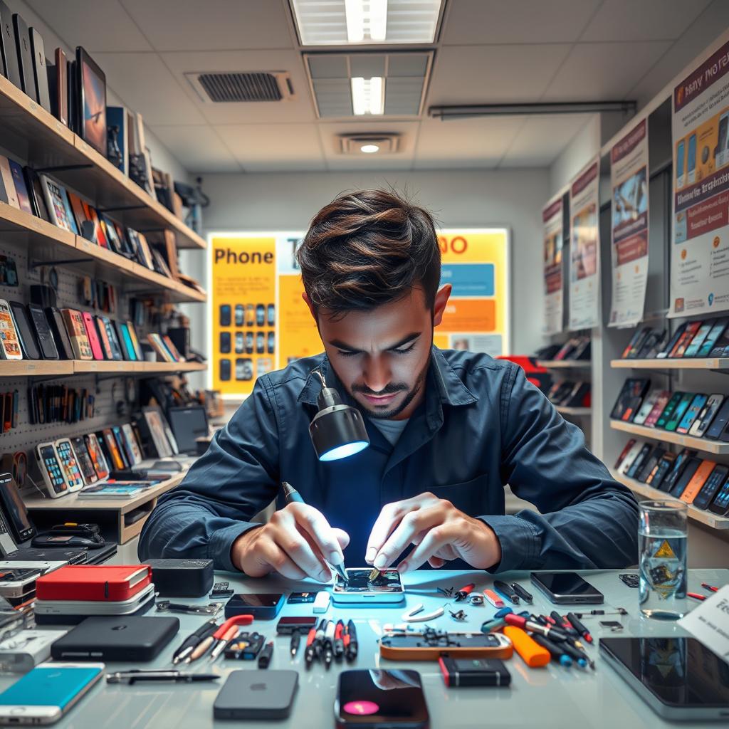 An engaging scene depicting a mobile phone repair shop