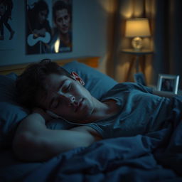 A sad young man lying on his bed, listening to music with earbuds