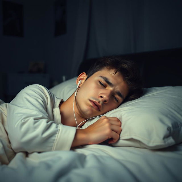 A sad young man lying on his bed, listening to music with earbuds
