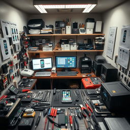 An intricate scene of a mobile phone repair room filled with various repair equipment and tools