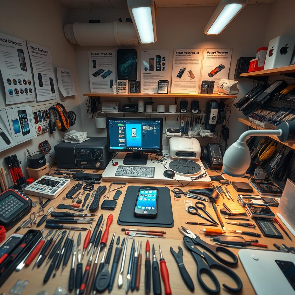 An intricate scene of a mobile phone repair room filled with various repair equipment and tools