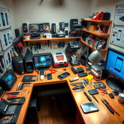An intricate scene of a mobile phone repair room filled with various repair equipment and tools