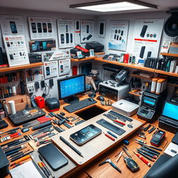 An intricate scene of a mobile phone repair room filled with various repair equipment and tools