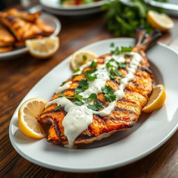 A beautifully arranged grilled fish platter with creamy tahini sauce drizzled on top, garnished with fresh parsley and lemon wedges
