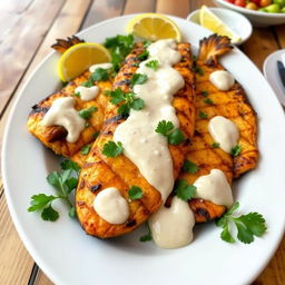 A beautifully arranged grilled fish platter with creamy tahini sauce drizzled on top, garnished with fresh parsley and lemon wedges