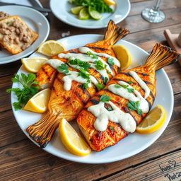 A beautifully arranged grilled fish platter with creamy tahini sauce drizzled on top, garnished with fresh parsley and lemon wedges