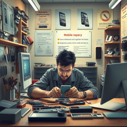 A detailed depiction of a mobile phone repair room showcasing a technician diligently working on a smartphone