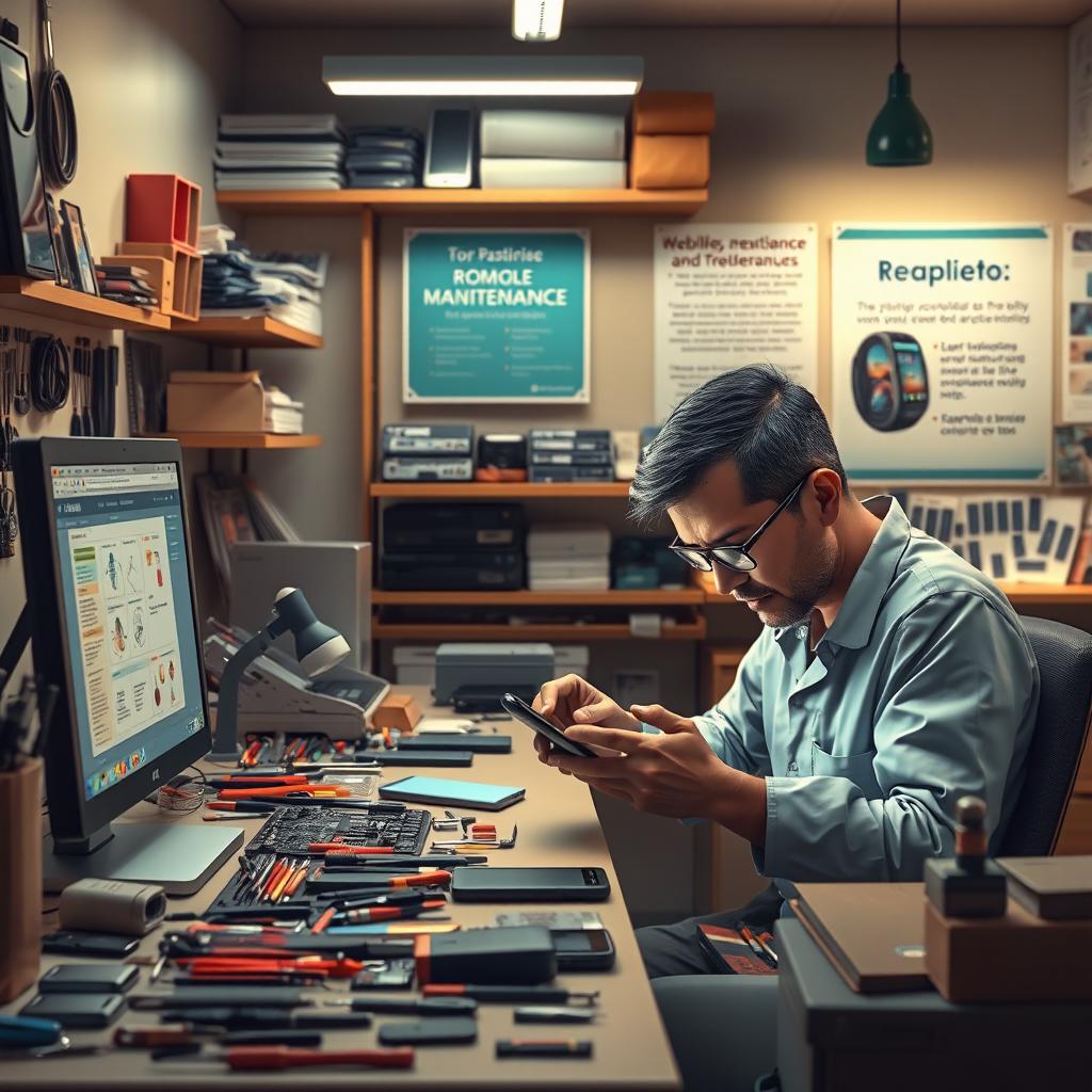 A detailed depiction of a mobile phone repair room showcasing a technician diligently working on a smartphone