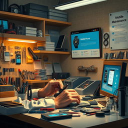 A detailed depiction of a mobile phone repair room showcasing a technician diligently working on a smartphone