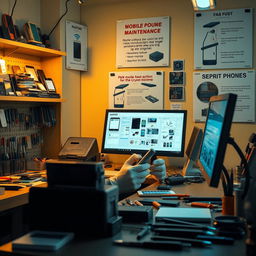 A detailed depiction of a mobile phone repair room showcasing a technician diligently working on a smartphone