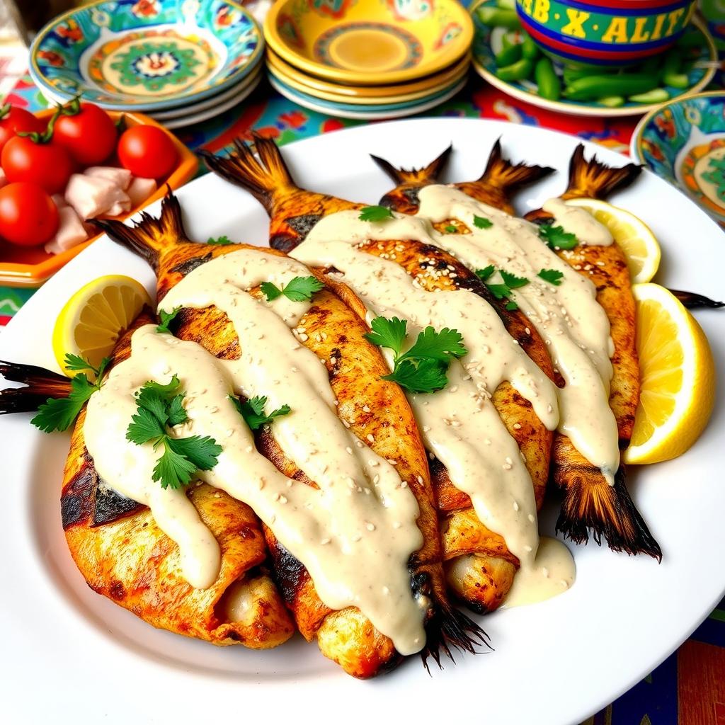 A beautifully arranged platter of grilled fish served with a rich tahini sauce