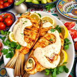 A beautifully arranged platter of grilled fish served with a rich tahini sauce