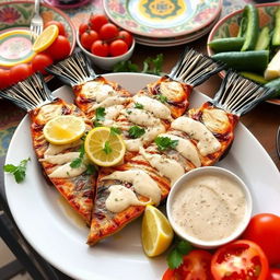 A beautifully arranged platter of grilled fish served with a rich tahini sauce