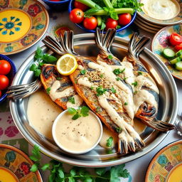 A beautifully arranged platter of grilled fish served with a rich tahini sauce