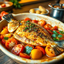 A beautifully arranged dish of fish casserole cooked with tahini, featuring a whole fish fillet garnished with aromatic herbs and spices, surrounded by sliced tomatoes and bell peppers