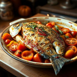 A beautifully arranged dish of fish casserole cooked with tahini, featuring a whole fish fillet garnished with aromatic herbs and spices, surrounded by sliced tomatoes and bell peppers