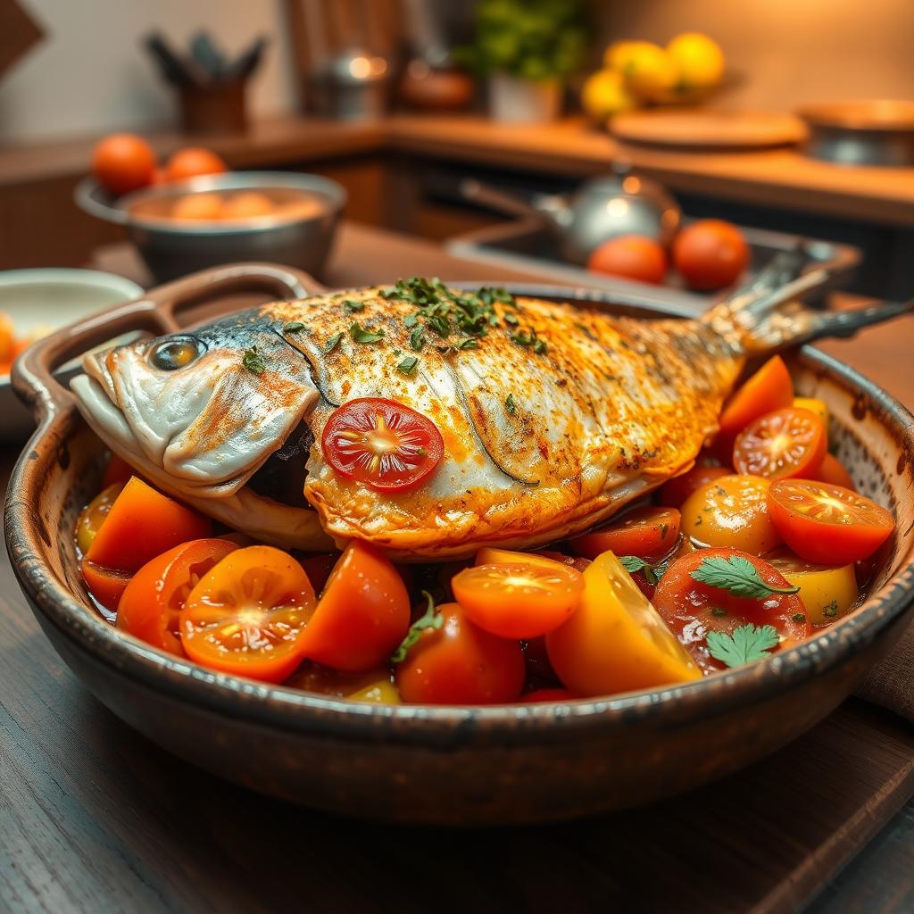A beautifully arranged dish of fish casserole cooked with tahini, featuring a whole fish fillet garnished with aromatic herbs and spices, surrounded by sliced tomatoes and bell peppers