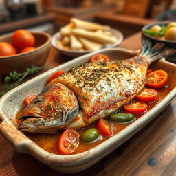 A beautifully arranged dish of fish casserole cooked with tahini, featuring a whole fish fillet garnished with aromatic herbs and spices, surrounded by sliced tomatoes and bell peppers