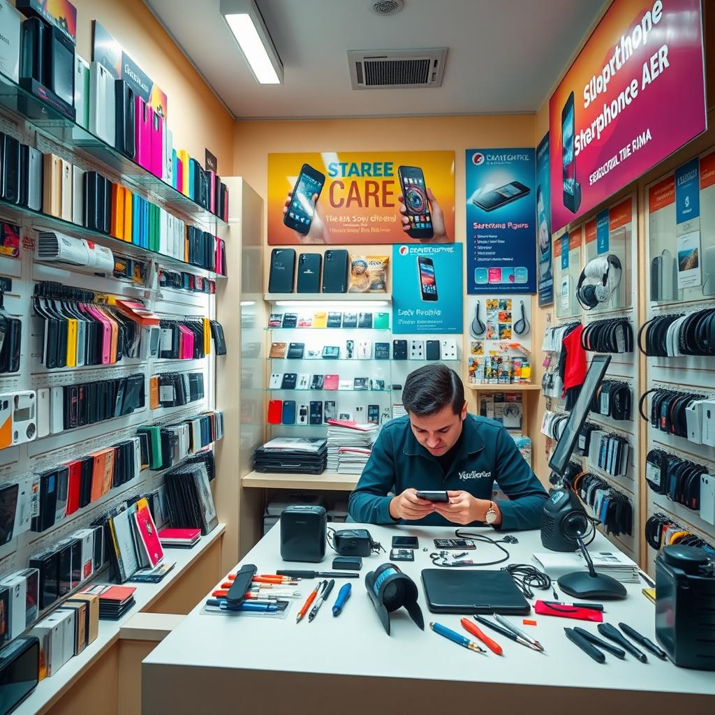 A vibrant scene inside a mobile accessories shop featuring a dedicated repair station