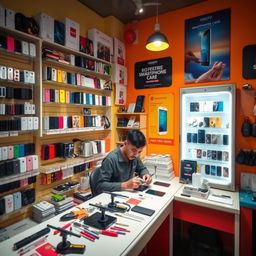 A vibrant scene inside a mobile accessories shop featuring a dedicated repair station