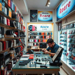 A vibrant scene inside a mobile accessories shop featuring a dedicated repair station