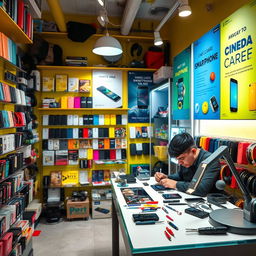 A vibrant scene inside a mobile accessories shop featuring a dedicated repair station