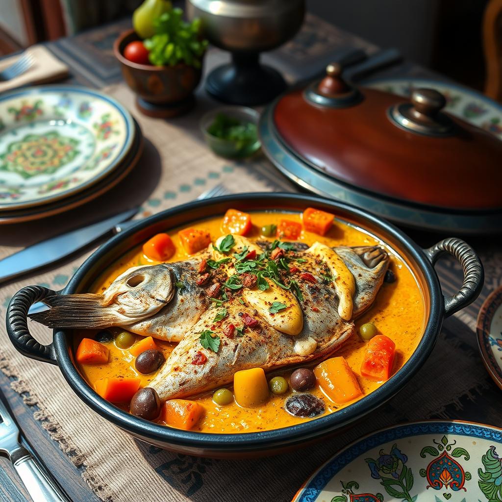 A delicious dish of fish tagine cooked with tahini, featuring a vibrant presentation