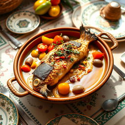 A delicious dish of fish tagine cooked with tahini, featuring a vibrant presentation