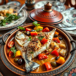 A delicious dish of fish tagine cooked with tahini, featuring a vibrant presentation