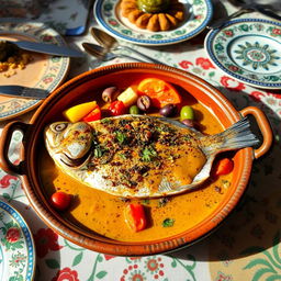 A delicious dish of fish tagine cooked with tahini, featuring a vibrant presentation