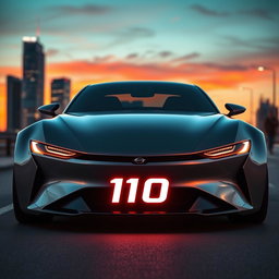 A sleek futuristic car featuring a unique prominent logo displaying the number '110'