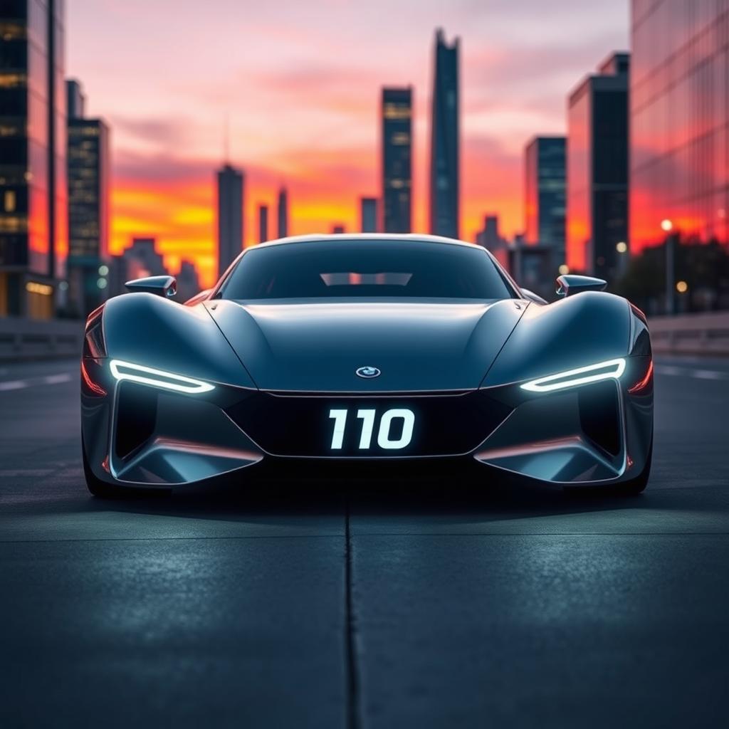 A sleek futuristic car featuring a unique prominent logo displaying the number '110'