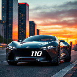 A sleek futuristic car featuring a unique prominent logo displaying the number '110'