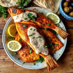 A delicious seafood dish featuring fish cooked to perfection, topped with a rich and creamy tahini sauce