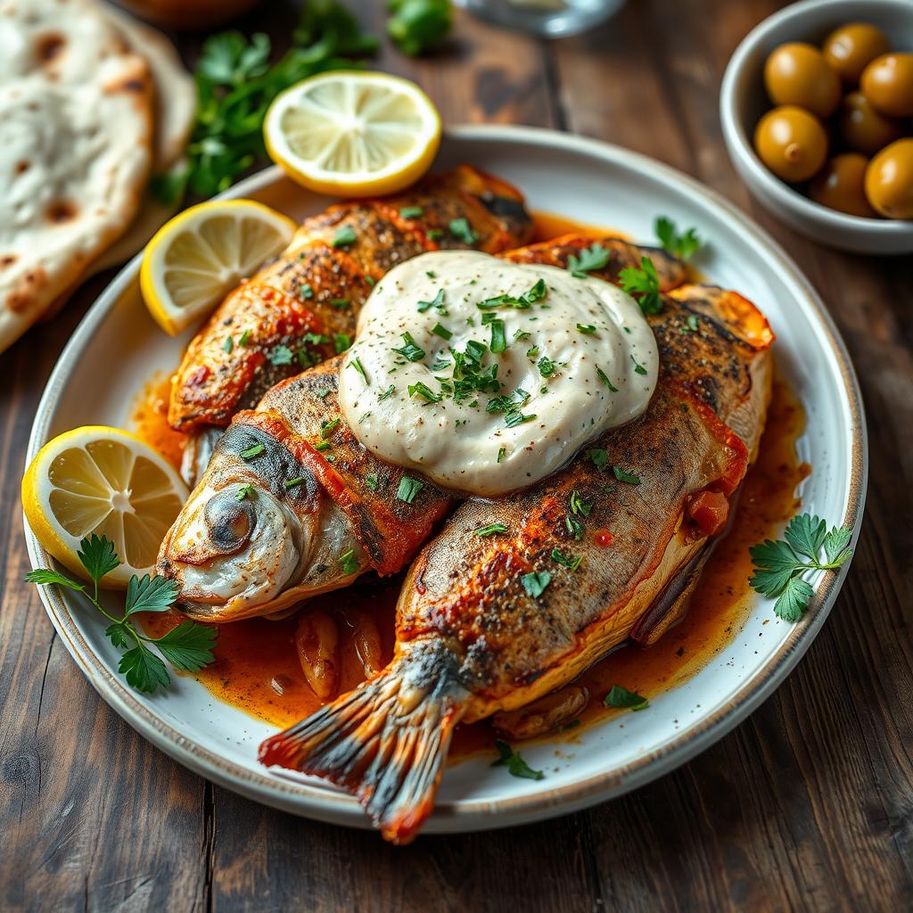 A delicious seafood dish featuring fish cooked to perfection, topped with a rich and creamy tahini sauce