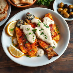 A delicious seafood dish featuring fish cooked to perfection, topped with a rich and creamy tahini sauce