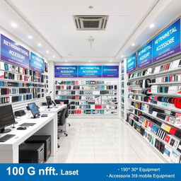 A spacious 100 square meter mobile accessories and repair shop, featuring a 30 square meter area dedicated to repair equipment and a 70 square meter section for mobile accessories