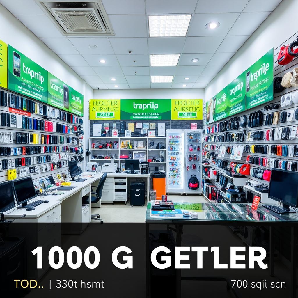 A spacious 100 square meter mobile accessories and repair shop, featuring a 30 square meter area dedicated to repair equipment and a 70 square meter section for mobile accessories