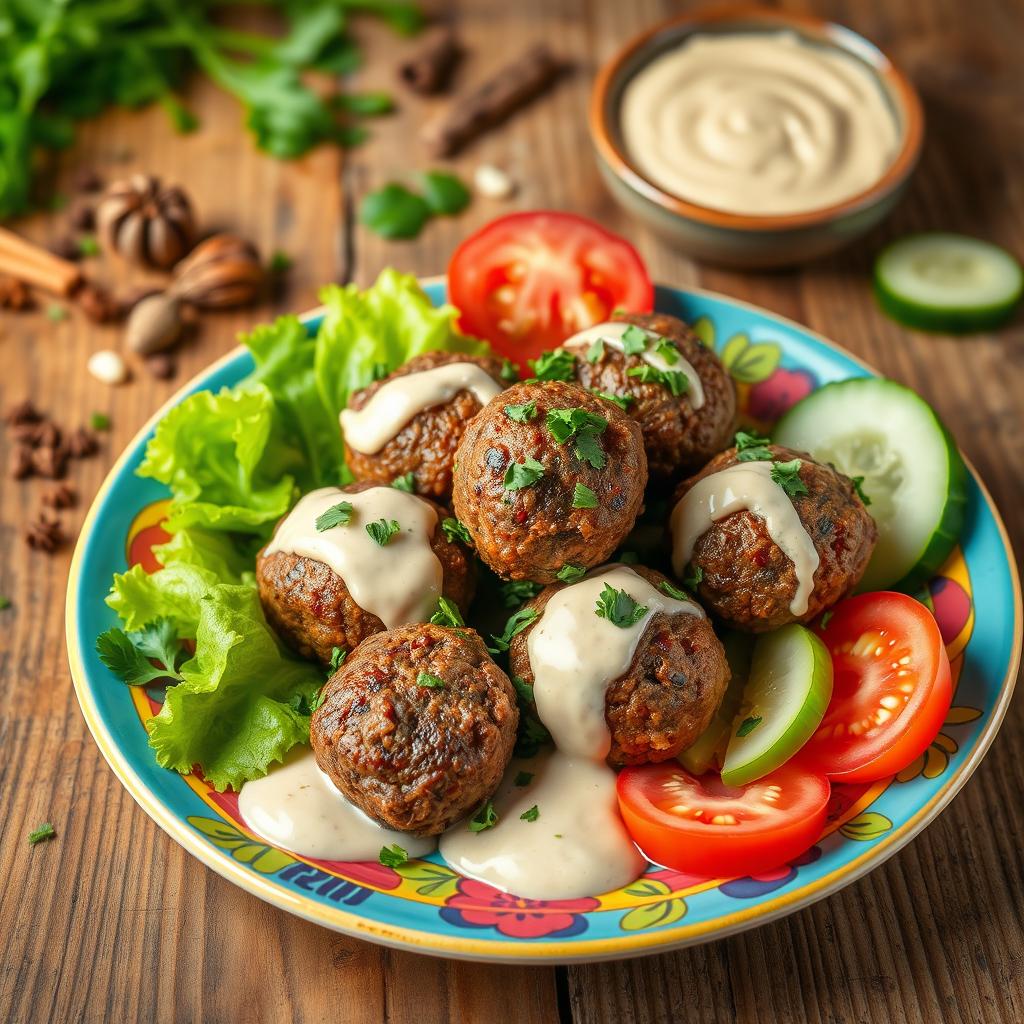 A beautifully presented dish of Kefta with Tahini, showcasing juicy ground beef kofta balls garnished with finely chopped parsley