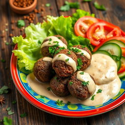 A beautifully presented dish of Kefta with Tahini, showcasing juicy ground beef kofta balls garnished with finely chopped parsley