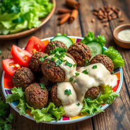A beautifully presented dish of Kefta with Tahini, showcasing juicy ground beef kofta balls garnished with finely chopped parsley