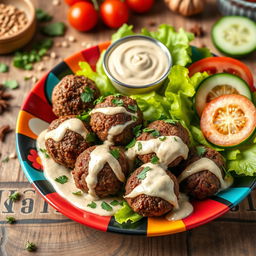 A beautifully presented dish of Kefta with Tahini, showcasing juicy ground beef kofta balls garnished with finely chopped parsley